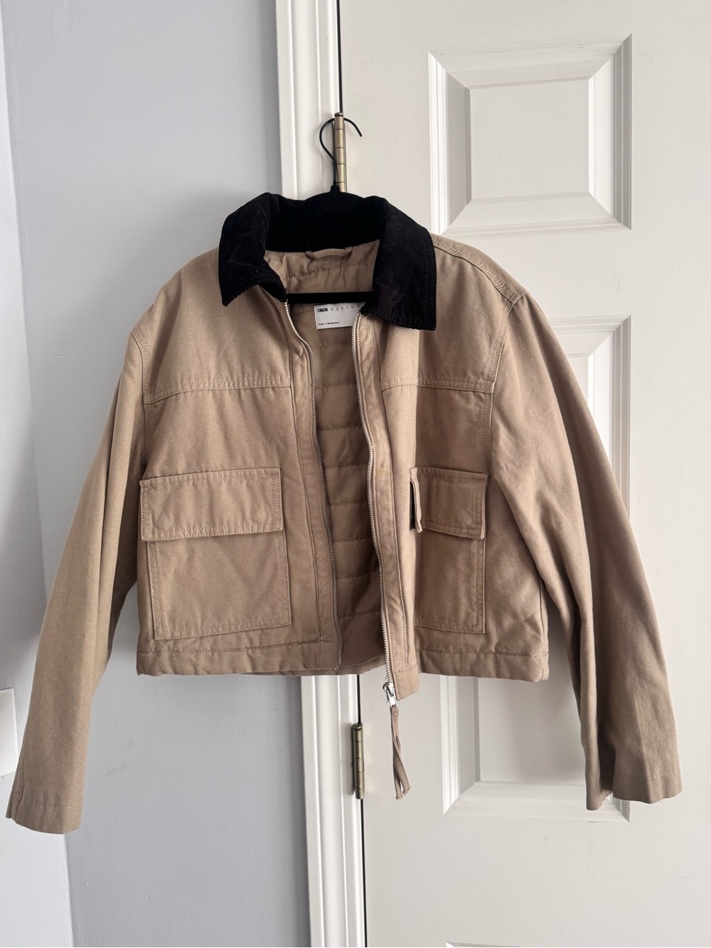 ASOS Beige Cropped barn Jacket with Black Collar